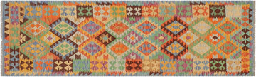 Flat Weave Kilim, Antique, Navaho, Vintage, Handmade, Geometric Kilim Blue Rust Hand-Woven Runner 100% Wool Area Rug 3 x 10